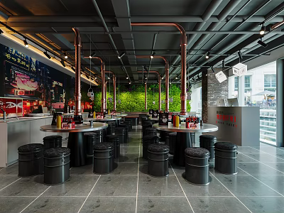 Industrial Style Restaurant Interior With Copper Pipes Green Plant Wall Round Tables And Black Stools 3d model