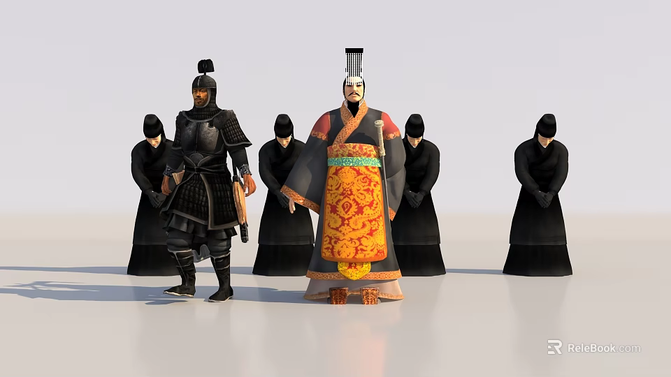 Ancient Royal Figures Featuring Central Noble In Elaborate Robe Warrior And Bowing Black Robed Attendants 3d model 