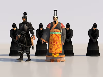 Ancient Royal Figures Featuring Central Noble In Elaborate Robe Warrior And Bowing Black Robed Attendants 3d model