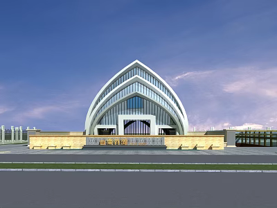 Modern Cultural Center Building With Unique Arch Roof And Glass Elements 3d model