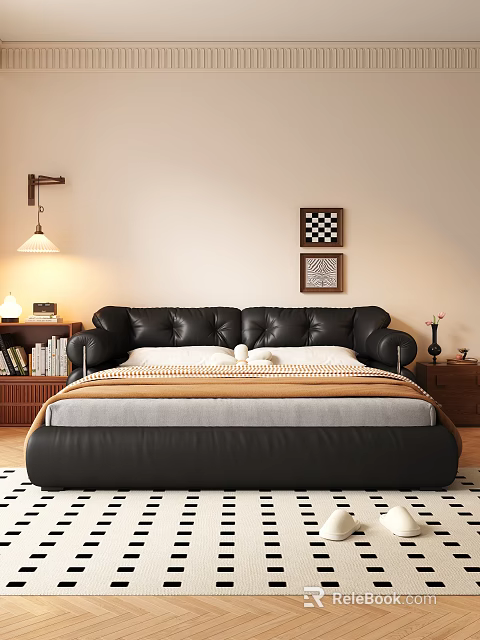 Black Leather Double Bed With Brown And Gray Blankets Bedside Tables Lamp And Wall Art 3d model 