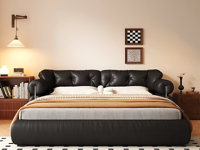 Black Leather Double Bed With Brown And Gray Blankets Bedside Tables Lamp And Wall Art 3d model