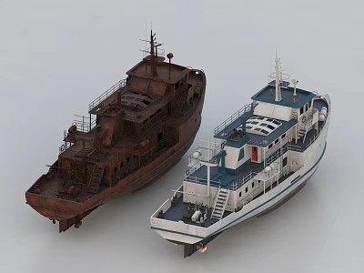 Old Rusty Wooden Boat With Weathered Structure And Ladder Alongside Modern Vessel 3d model