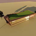 Modern Sales Office Building With Glass Curtain Wall Unique Roof Design And Surrounding Trees
