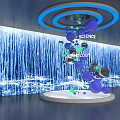 Modern Science Installation with Blue Spheres Circular Lights and Blue Background