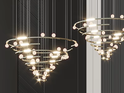 Modern Hanging Chandelier Design With Layered Circular Rings And Illuminated Spherical Balls 3d model