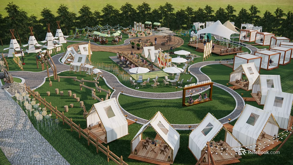 Spacious Camping Site With White Tents Lush Green Grass Winding Paths And Outdoor Seating 3d model 