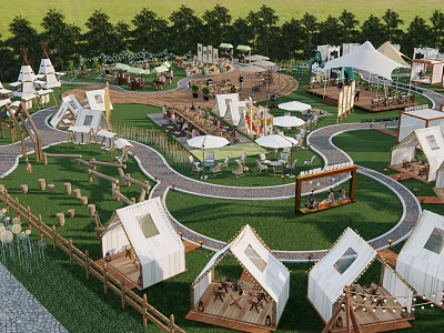 Spacious Camping Site With White Tents Lush Green Grass Winding Paths And Outdoor Seating 3d model