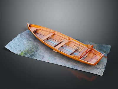 Orange Wooden Boat Displayed On Textured Gray Mat With Dark Background 3d model