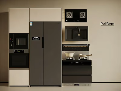 Modern Kitchen Appliances With Refrigerator Microwave Oven And Stove In Sleek Design 3d model