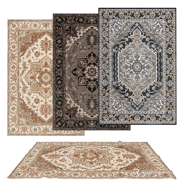 Classic Square Rugs With Intricate Designs And Beige Dark Brown Blue Gray Tones 3d model 