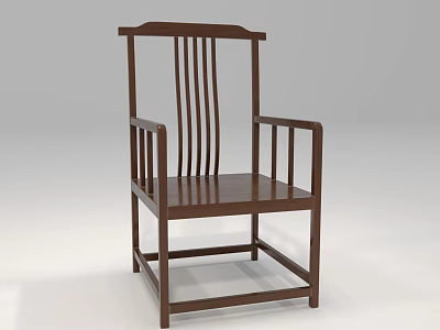 Dark Brown Wooden Armchair with Vertical Back Slats Square Armrests and Straight Legs 3d model