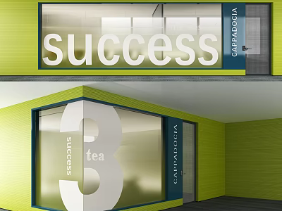Modern Office Glass Partition With Success Tea Text And Green Wall Design 3d model