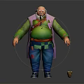 Chubby Old Man Cartoon Character With White Beard Green Top Purple Vest And Small Broom