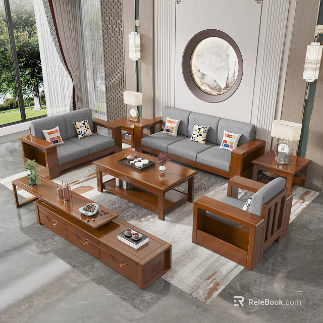 Chinese Style Gray Sofa and Coffee Table Set with Wooden Accents Pillows Side Tables and Round Wall Art 3d model 