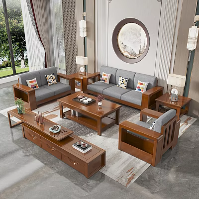 Chinese Style Gray Sofa and Coffee Table Set with Wooden Accents Pillows Side Tables and Round Wall Art 3d model