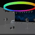 Colorful Stage With Rainbow Circular Light Blue Lights White Laser Beams And Black Floor Lines