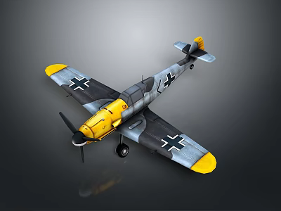Vintage Gray and Yellow Fighter Aircraft Model with Black Cross Markings and Propeller Design 3d model