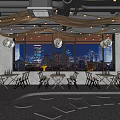 Warm Bar Interior With String Lights Large Windows City Night View And Seating Area 3d model