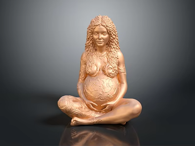 Copper Pregnant Woman Sculpture In Cross Legged Pose With Long Curly Hair And Textured Belly 3d model