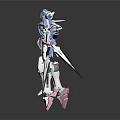 White and Blue Mecha Character With Green Core Long Blades and Mechanical Armor Design