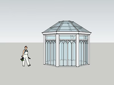 Octagonal Sunroom With Glass Roof And White Frame Arched Windows Design 3d model