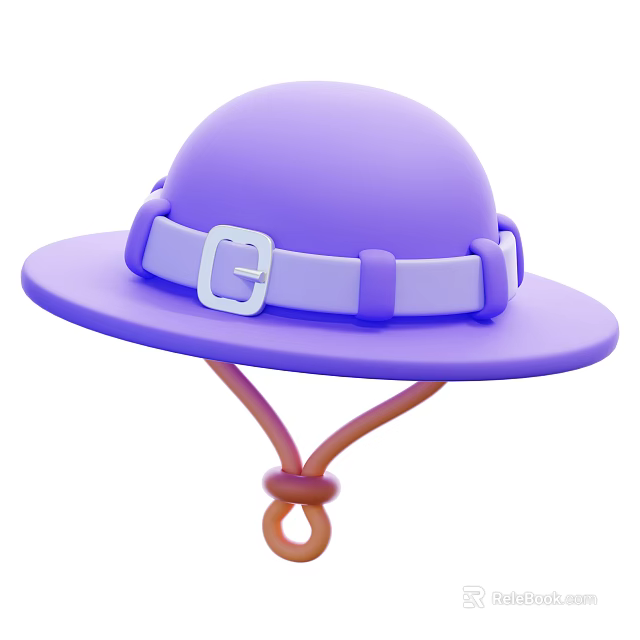 Purple Dome Shaped Wide Brim Hat With White Buckle And Brown String 3d model 