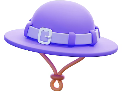 Purple Dome Shaped Wide Brim Hat With White Buckle And Brown String 3d model