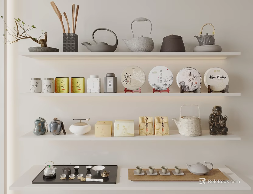 Minimalist Tea Ware Collection With Ceramic Teapots Cups Trays On White Shelves 3d model 
