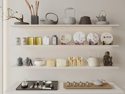 Minimalist Tea Ware Collection With Ceramic Teapots Cups Trays On White Shelves 3d model
