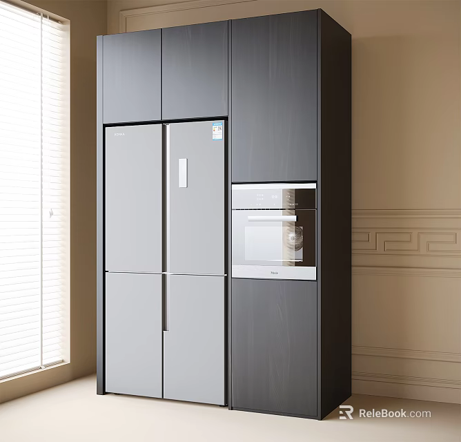 Modern Kitchen Interior Design With Built in Dark Cabinetry And Silver Refrigerator 3d model 
