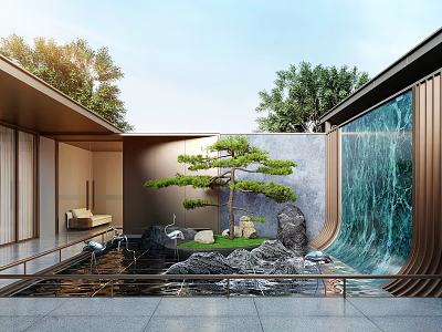 Feature Wall In Courtyard With Metal Frame Gray Wall Water Flow Pine Tree And Stones 3d model