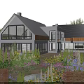 Modern Detached House Exterior With Large Windows Garden Colorful Flowers Wooden Accents And Sloped Roof