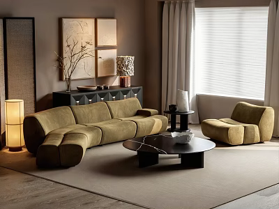 Modern Living Room Interior With Beige Sofa Round Coffee Table And Floor Lamp 3d model