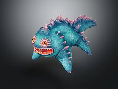 Vibrant Teal Fantasy Creature With Pink Spikes Large Red Eyes And Sharp Teeth 3d model
