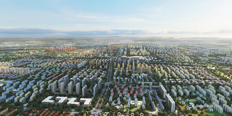 Aerial View of Cityscape With High Rise Buildings Residential Areas Roads Blue Sky And Mountains 3d model 