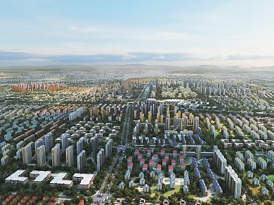 Aerial View of Cityscape With High Rise Buildings Residential Areas Roads Blue Sky And Mountains 3d model