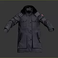 Gray Hooded Long Winter Parka With Pockets Button Closure And Red Logo Patch 3d model