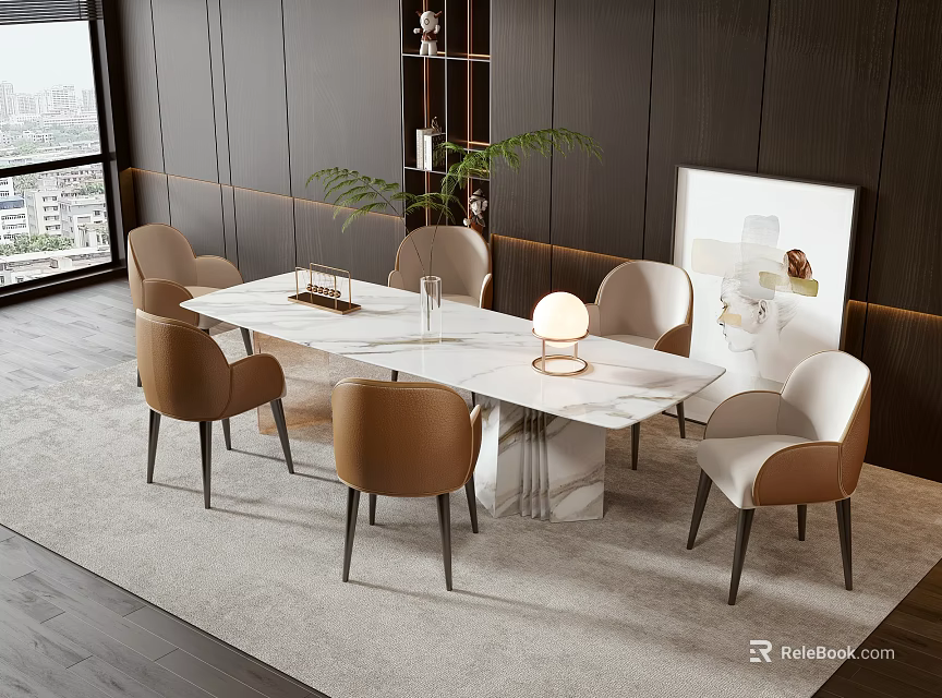 Luxury Dining Table Set With Marble Top Brown White Chairs Table Lamp And Potted Plant 3d model 