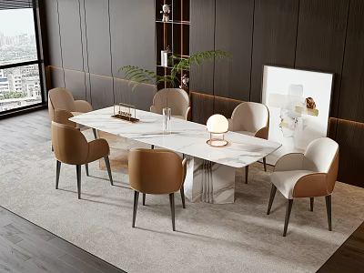 Luxury Dining Table Set With Marble Top Brown White Chairs Table Lamp And Potted Plant 3d model