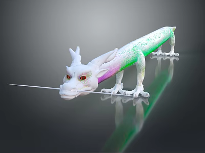 Colorful White Dragon with Green Pink Gradient Red Eyes Long Tongue on Smooth Reflective Surface 3d model