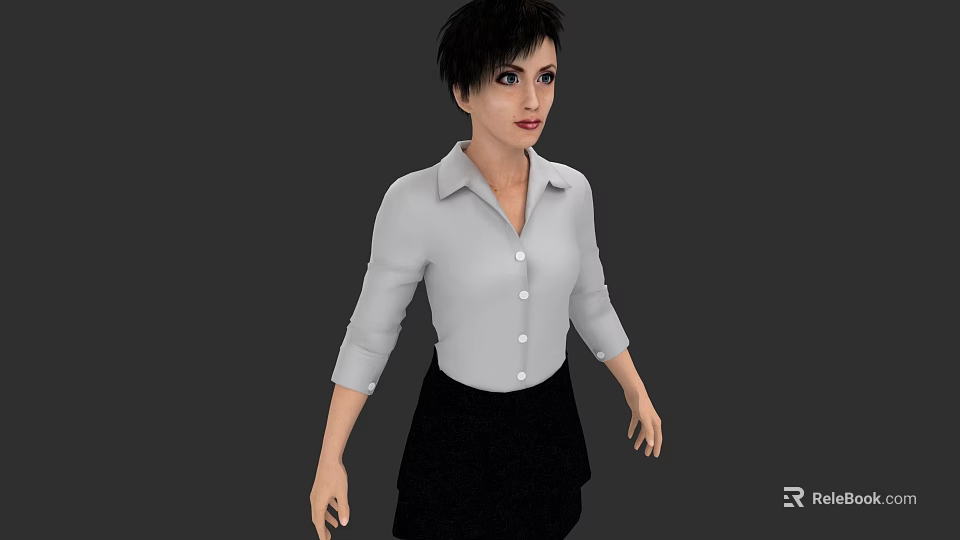 A Woman With Short Hair Wearing White Shirt And Black Skirt 3d model 