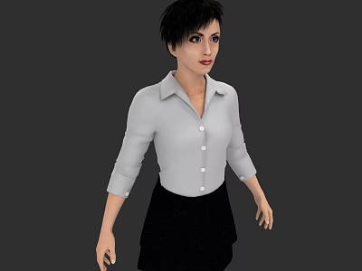 A Woman With Short Hair Wearing White Shirt And Black Skirt 3d model