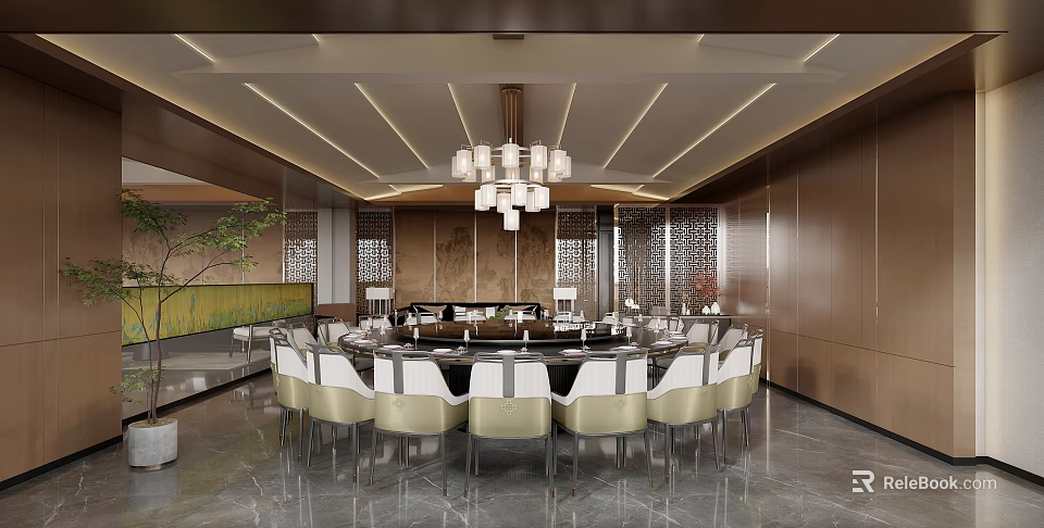 Elegant Private Dining Room Interior With Round Table White Gold Chairs Chandelier And Decorative Wall 3d model 