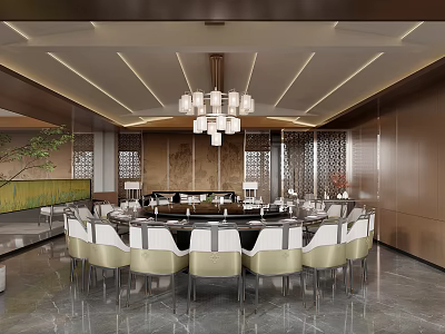 Elegant Private Dining Room Interior With Round Table White Gold Chairs Chandelier And Decorative Wall 3d model