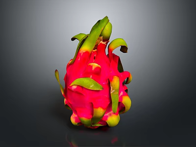 Fresh Red Dragon Fruit With Green Yellow Leaves On Dark Background 3d model
