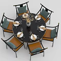 Round Dining Table Set With Six Chairs Tableware And Flower Arrangement 3d model