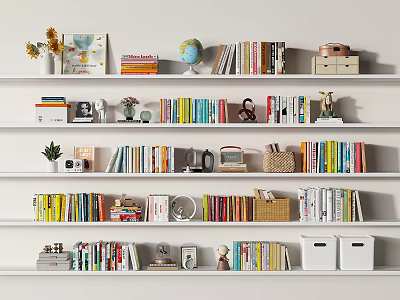 Decorative Ornament Collection on White Bookshelf with Books Globe Photo Frames Sunflower Vase Radio Basket 3d model