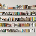 Decorative Ornament Collection on White Bookshelf with Books Globe Photo Frames Sunflower Vase Radio Basket