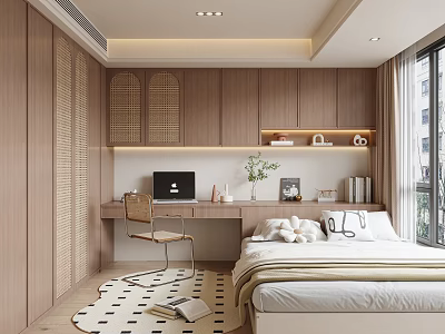 Modern Tatami Bedroom Interior Design With Wooden Cabinets Desk And Soft Bedding 3d model